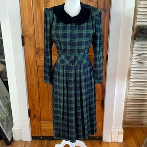L G Star Vintage Black Watch Plaid Navy Green Midi Dress Petite 10 Button Front